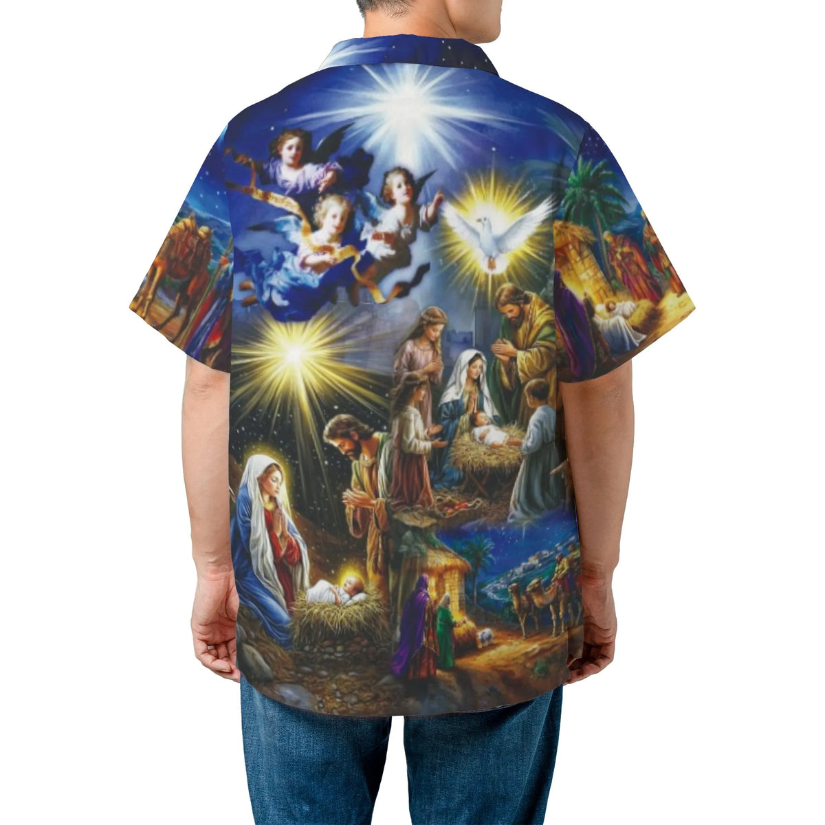 Religious Christmas Aloha Shirt, Nativity Scene Hawaiian Shirt, Birth of Jesus Button Up Shirt, Christian Holiday Beach Shirt
