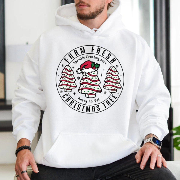 Retro Holiday Cake Graphic Sweatshirt, Farm Fresh Christmas Tree Cake Hoodie, Christmas Tree Dessert Hooded Pullover, Xmas Wi