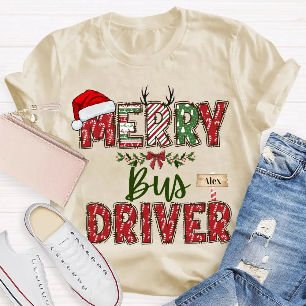 Custom Santa Hat Holiday Graphic Tee, Personalized Bus Driver Christmas T-Shirt, Merry Christmas Driver Shirt, Adorable Xmas 