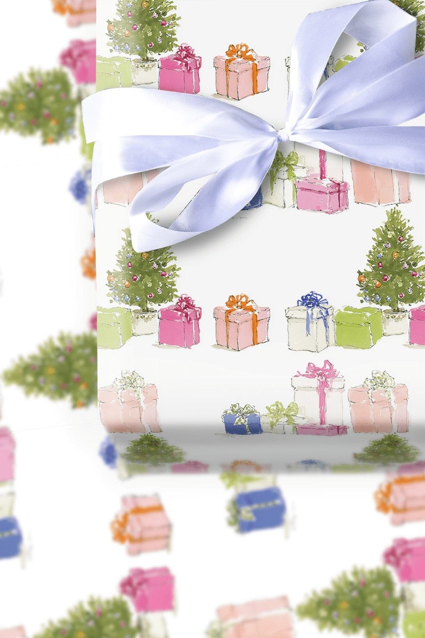Watercolor Holiday Presents Gift Wrap, Christmas Tree Wrapping Paper, Festive Colorful Xmas Tree Gift Wrapping Paper, Winter 