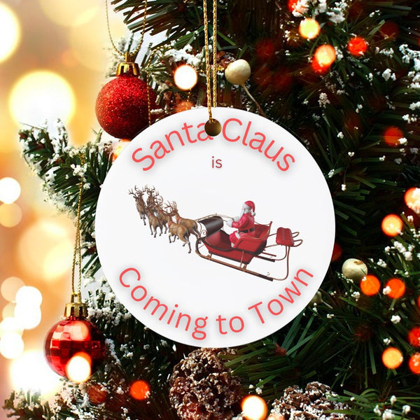 Festive Sleigh and Reindeer Christmas Ornament, Santa Claus Is Coming to Town Ornament, Holiday Tree Ceramic Ornament, Xmas D