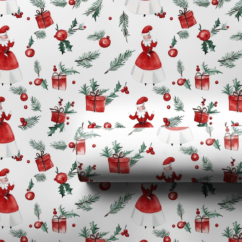 Vintage Christmas Gift Wrap, Mrs Claus Wrapping Paper, Watercolor Holiday Wrapping Paper, Retro Mrs Claus Gift Wrap, Xmas Pre