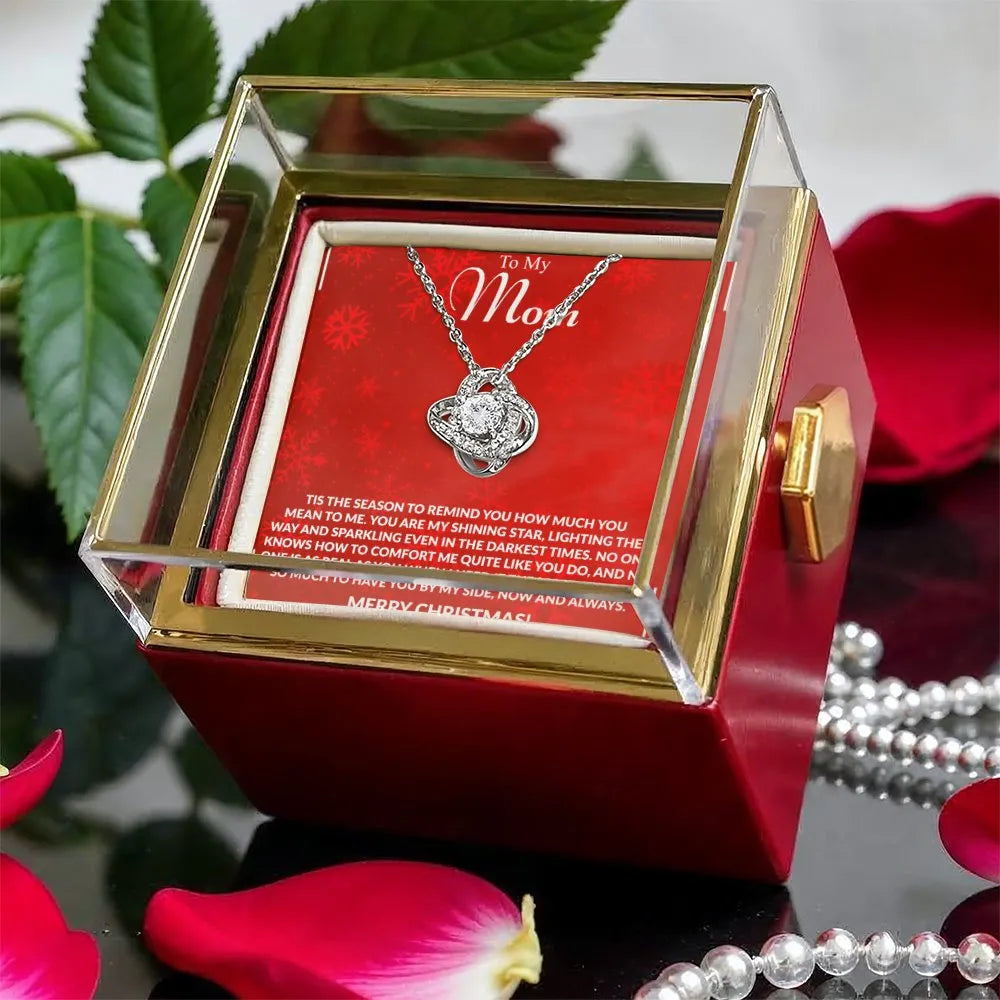Rose Box Mom Necklace, Mom Love Knot Necklace, Sparkling CZ Crystal Pendant Necklace, Christmas Present from Son or Daughter,