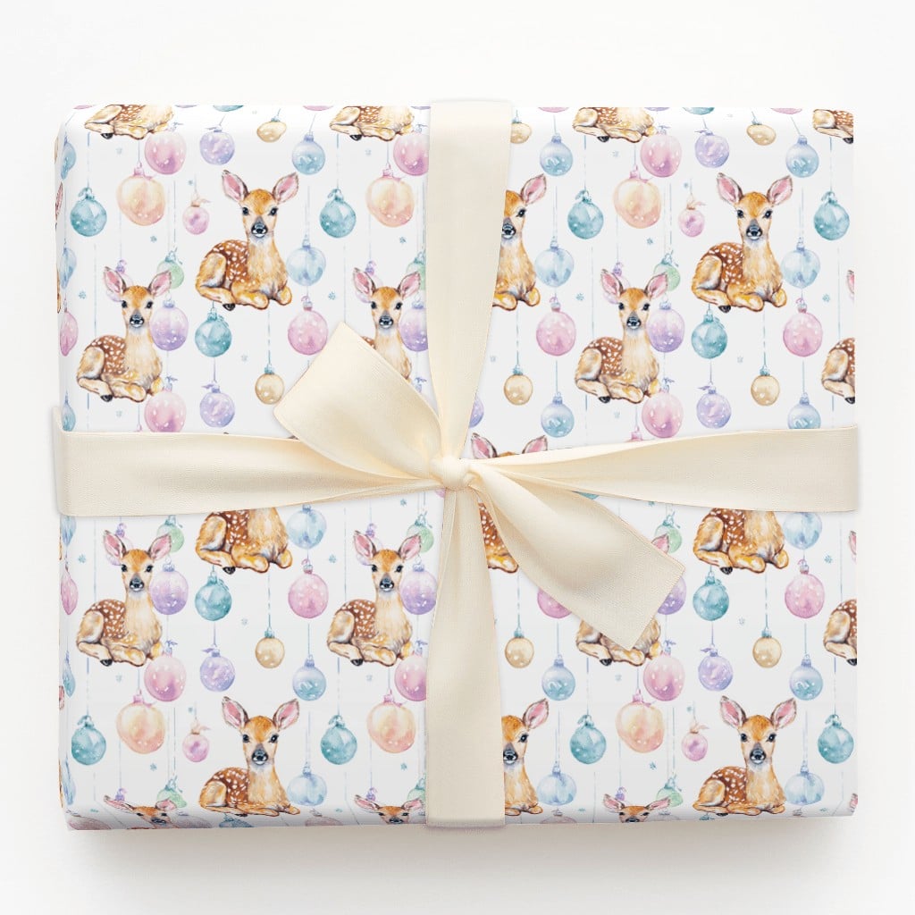 Baby Deer Christmas Gift Wrap, Watercolor Fawn Wrapping Paper, Pastel Baubles Holiday Present Paper, Whimsical Winter Wrap Ro