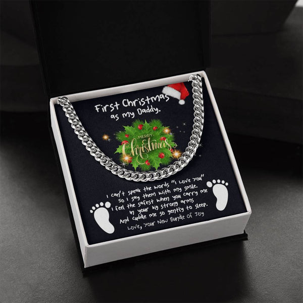 New Dad Message Card Chain, First Christmas Daddy Cuban Link Chain Necklace, Holiday Keepsake from Baby, Meaningful Dad Chain