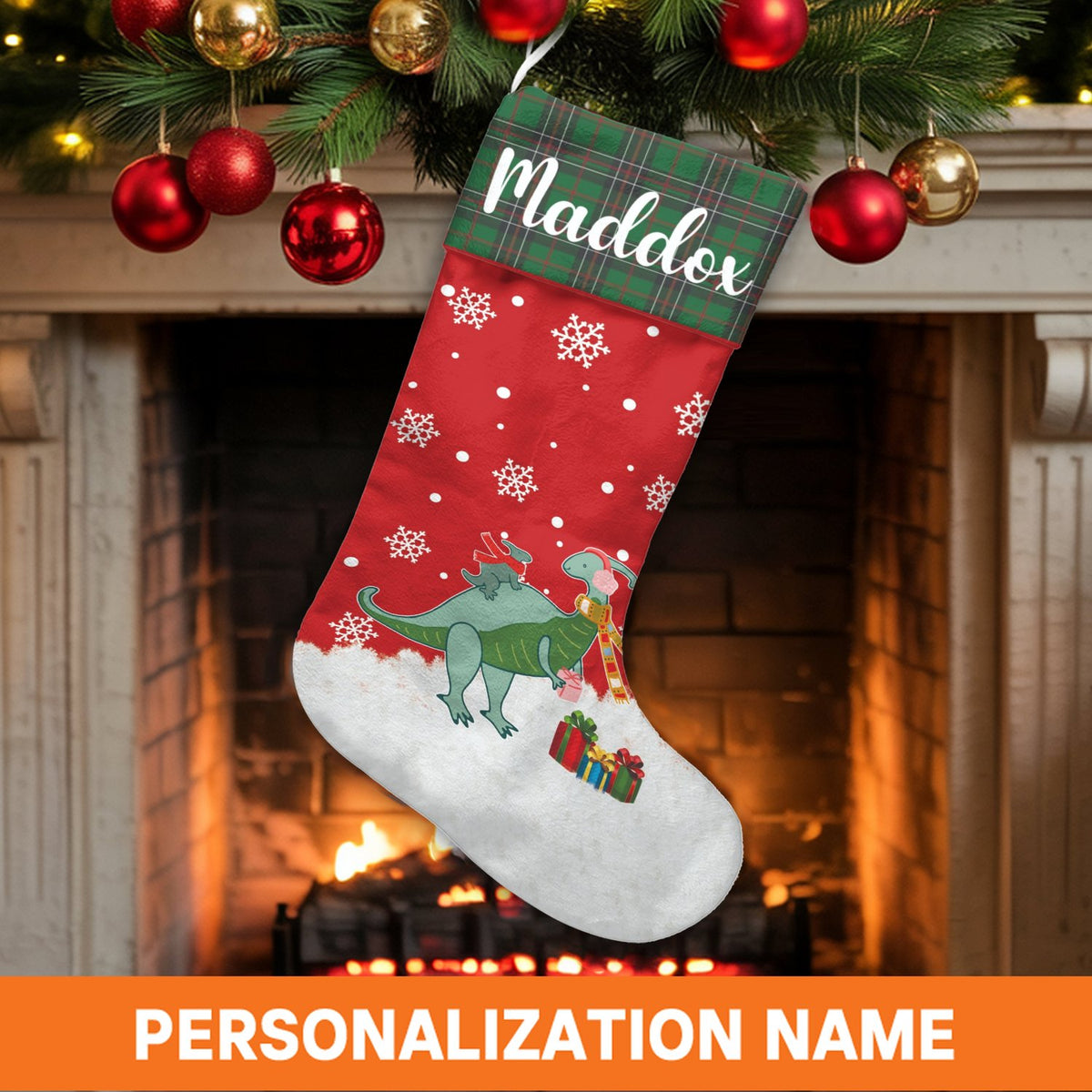 Custom Name Holiday Dino Stocking, Personalized Dinosaur Christmas Stocking, Adorable Kids Xmas Stocking, Festive Family Fire