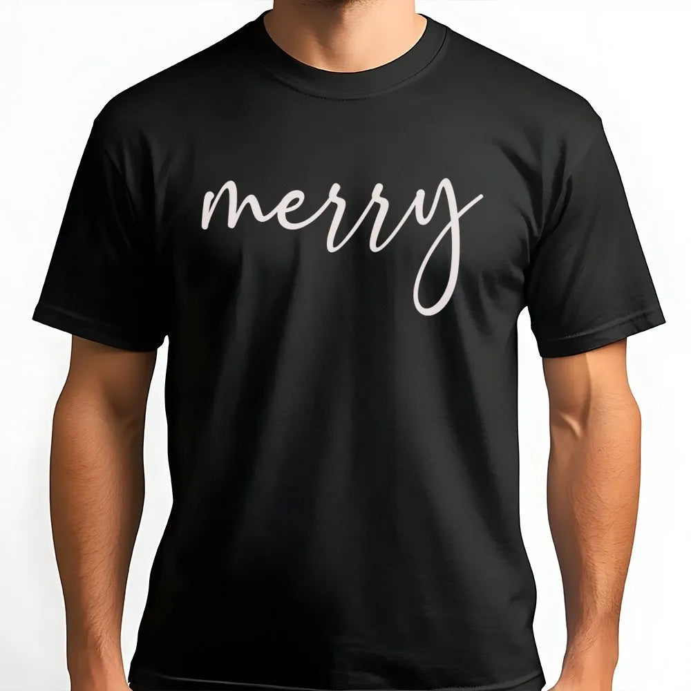 Cursive Script Holiday Typography Tee, Minimalist Merry Christmas T-Shirt, Adorable Simple Christmas Shirt, Winter Festive Ou