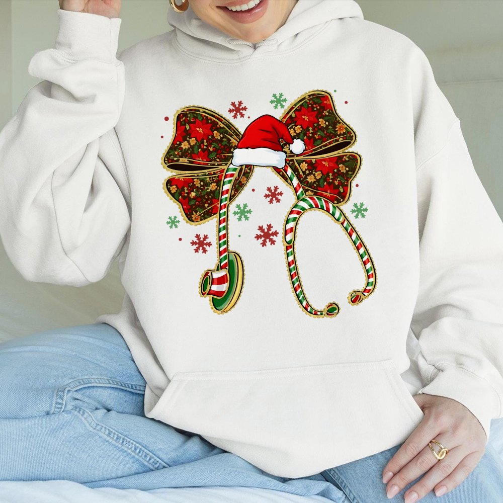 Candy Cane Stethoscope Bow Sweatshirt, Christmas Nurse Hoodie, Holiday RN Nursing Pullover, Festive Nursing Student Hooded Sw
