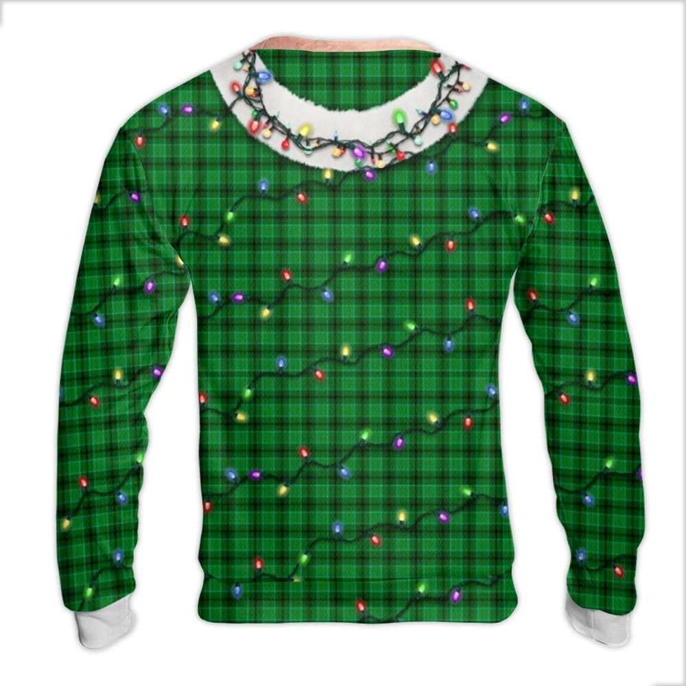 Humorous Hairy Chest Holiday Sweater, Hairy Chest Christmas Lights Ugly Sweater, Green Plaid Xmas Crewneck Sweater, Humorous 