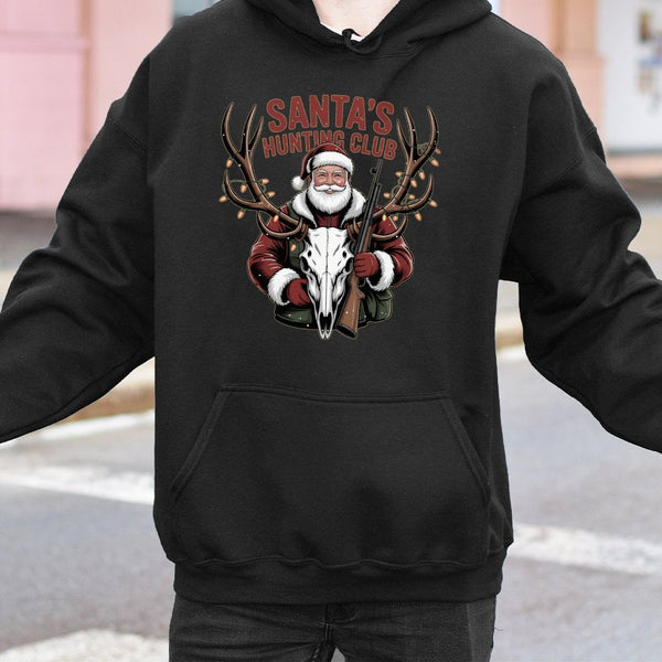 Christmas Deer Skull Graphic Hoodie, Santa Hunting Club Hoodie, Humorous Holiday Hunter Sweatshirt, Outdoor Hunting Hooded Pu