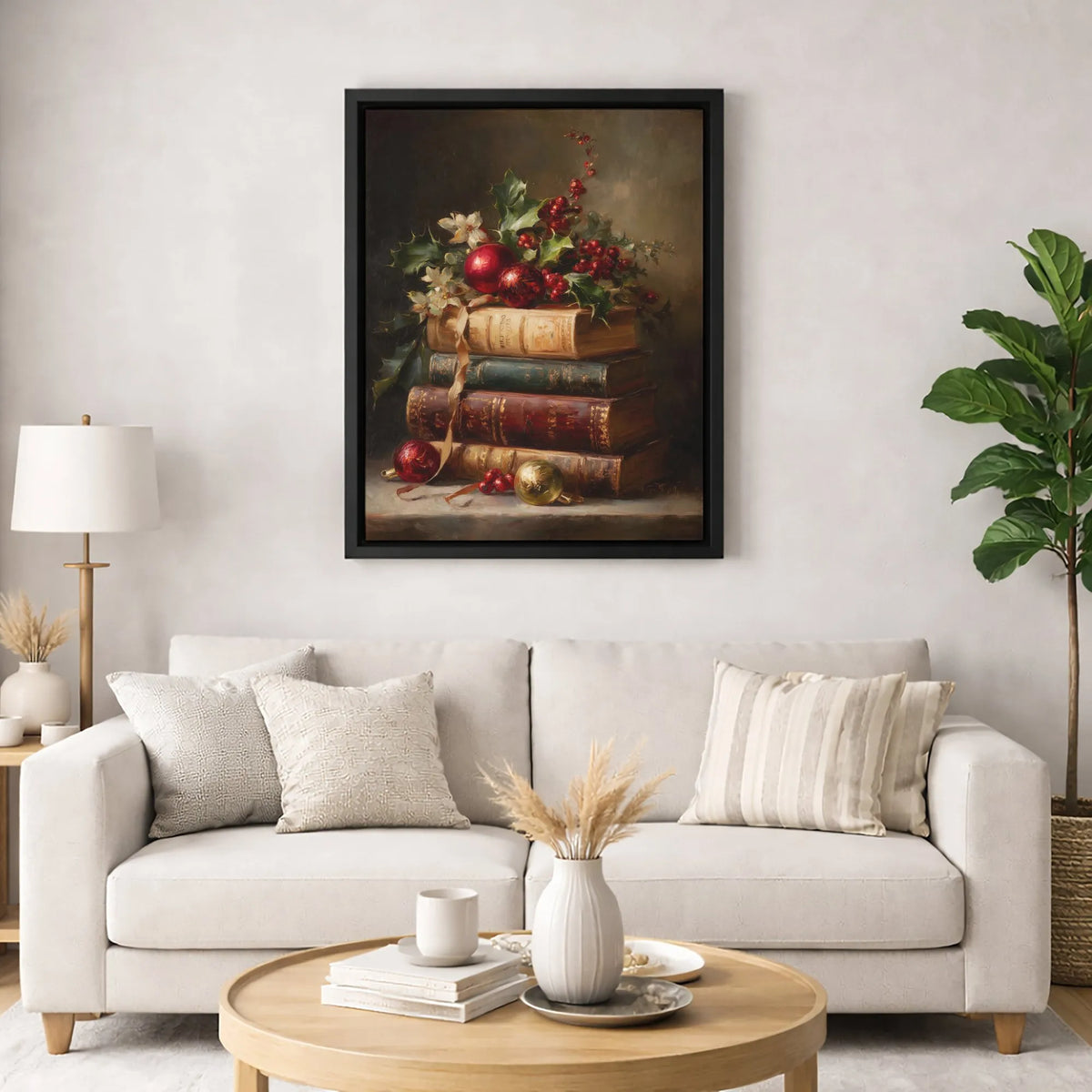 Antique Books Wall Art Print, Christmas Still Life Canvas Print, Vintage Holiday Canvas Print, Winter Digital Download, Book 