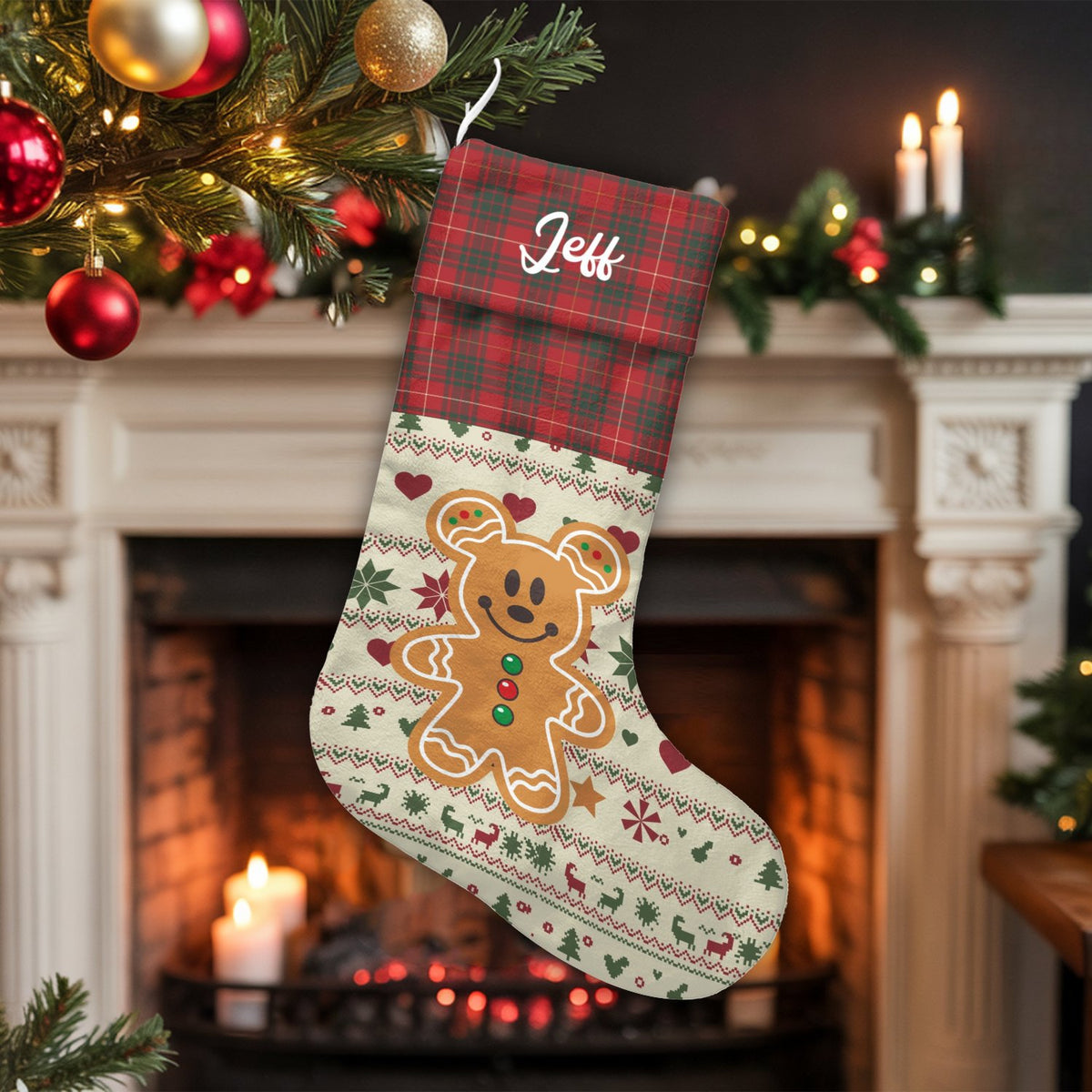 Red Plaid Cuff Holiday Stocking, Personalized Gingerbread Bear Christmas Stocking, Velboa Custom Christmas Stocking, Comfy Fa