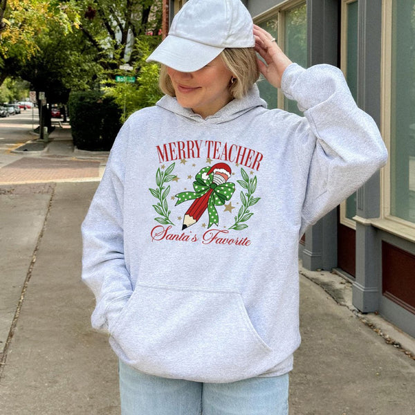 Christmas Teacher Hooded Sweatshirt, Merry Teacher Santa's Favorite Pencil Hoodie, Adorable Holiday School Hoodie, Teacher Xm