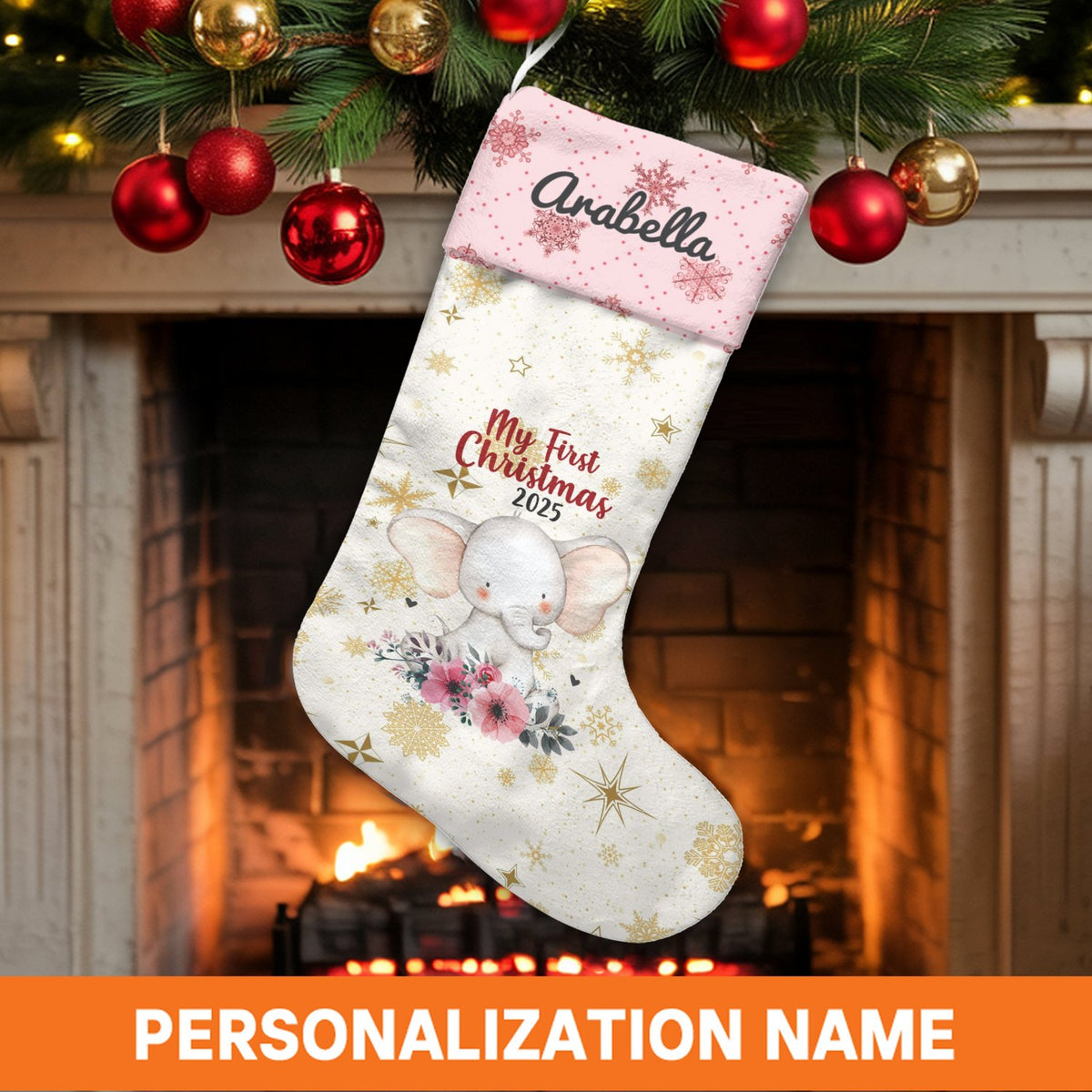 Custom Newborn 2025 Christmas Stocking, Personalized Elephant Baby First Christmas Stocking, Velboa Baby Holiday Stocking, Ke