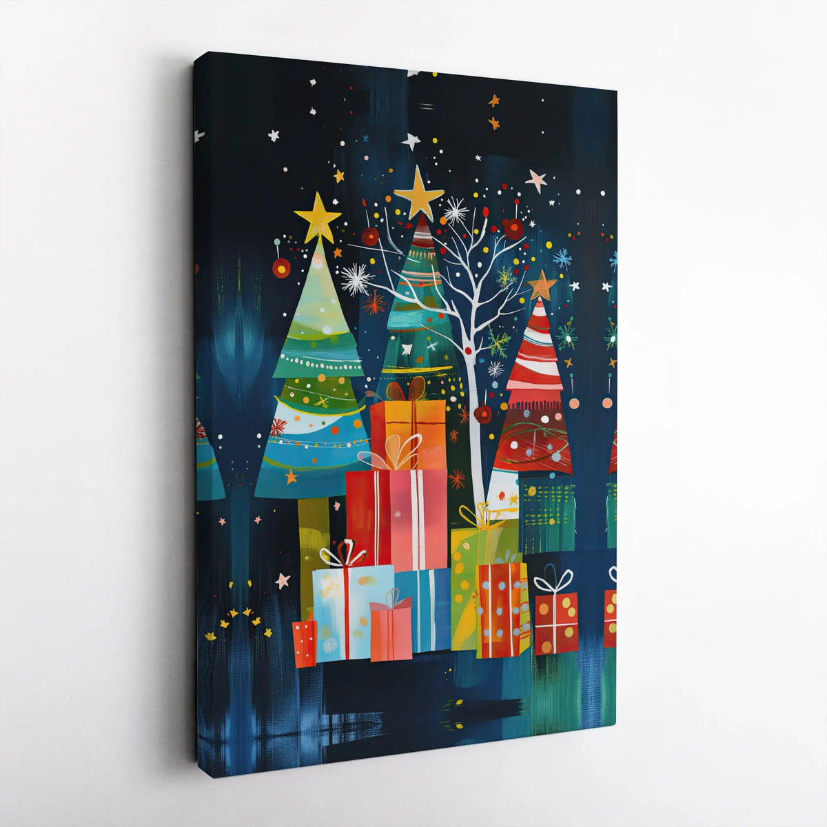 Colorful Holiday Gift Boxes Art, Abstract Christmas Tree Wall Art Print, Canvas Art Digital Download, Festive Holiday Home De