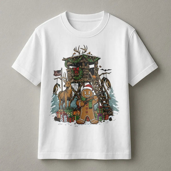 Humorous Christmas Deer Hunter Shirt, Gingerbread Man Hunting T-Shirt, Holiday Buck Hunting Tee, Winter Outdoors Graphic Shir