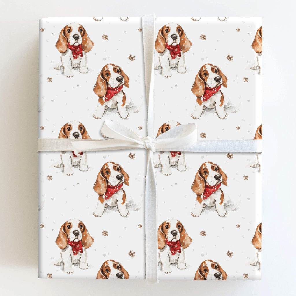 Puppy in Snow Holiday Gift Wrap Roll, Basset Hound Christmas Wrapping Paper, Winter Dog Xmas Wrapping Paper, Dog Lover Holida