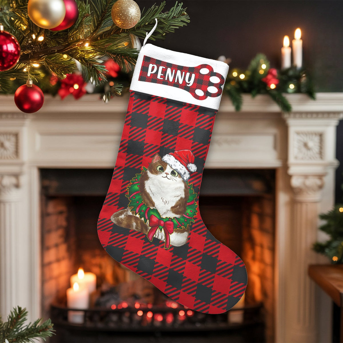 Custom Pet Holiday Stocking, Personalized Red Plaid Cat Christmas Stocking, Buffalo Check Christmas Stocking, Velboa Cat Xmas