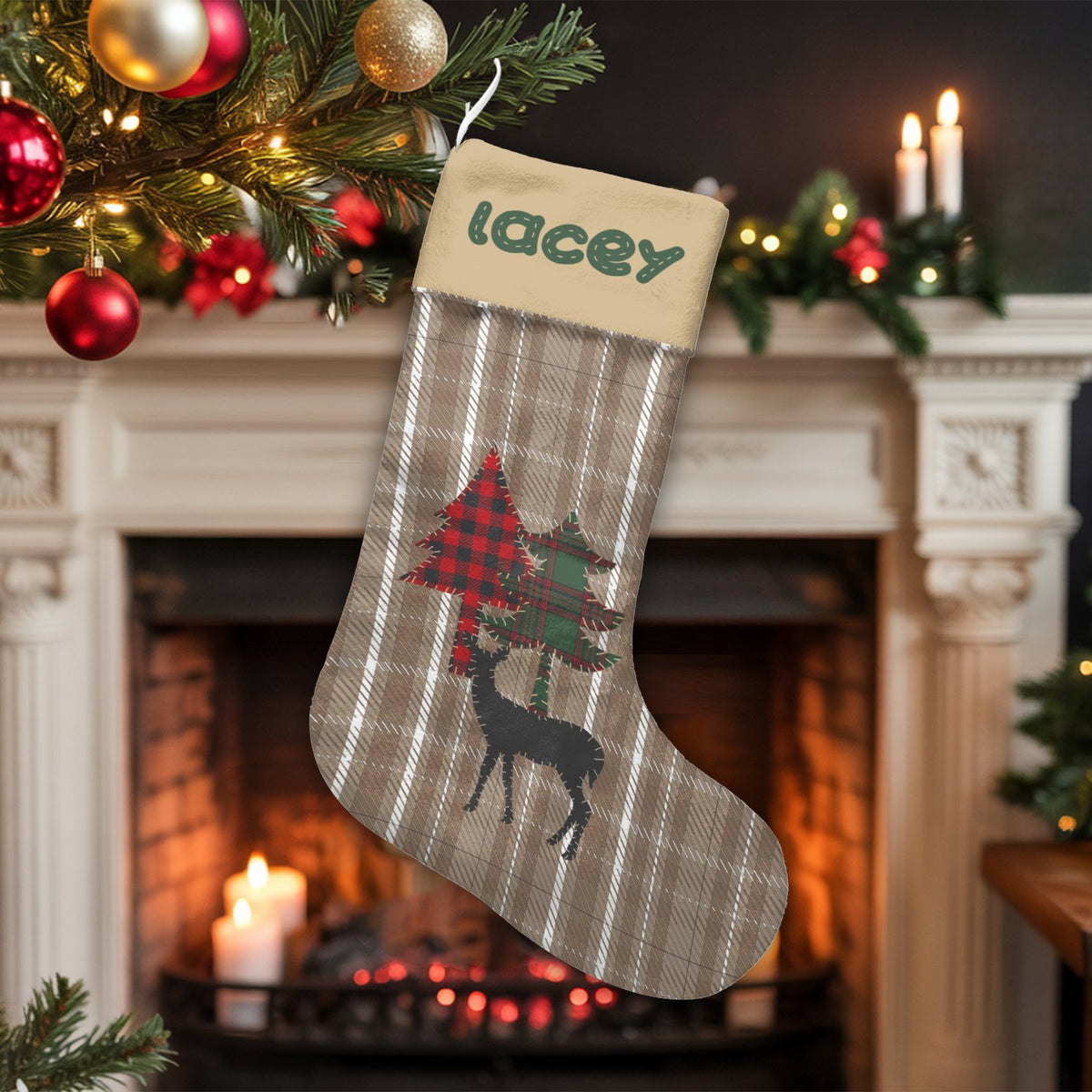 Personalized Christmas Stocking, Rustic Plaid Reindeer Christmas Stocking, Holiday Farmhouse Stocking, Comfy Winter Fireplace