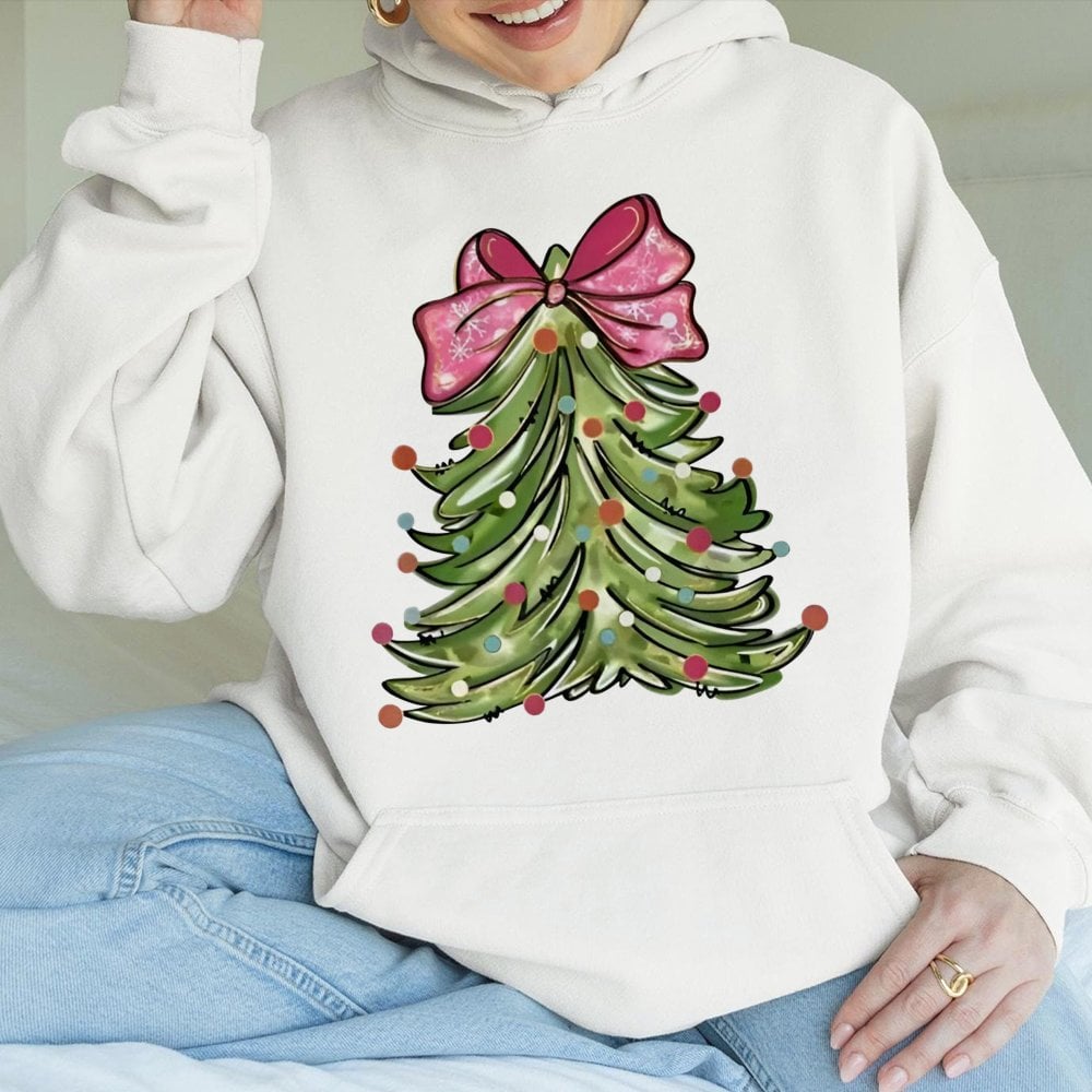Pink Bow Christmas Tree Hooded Sweatshirt, Watercolor Christmas Tree Hoodie, Adorable Holiday Tree Pullover, Festive Christma