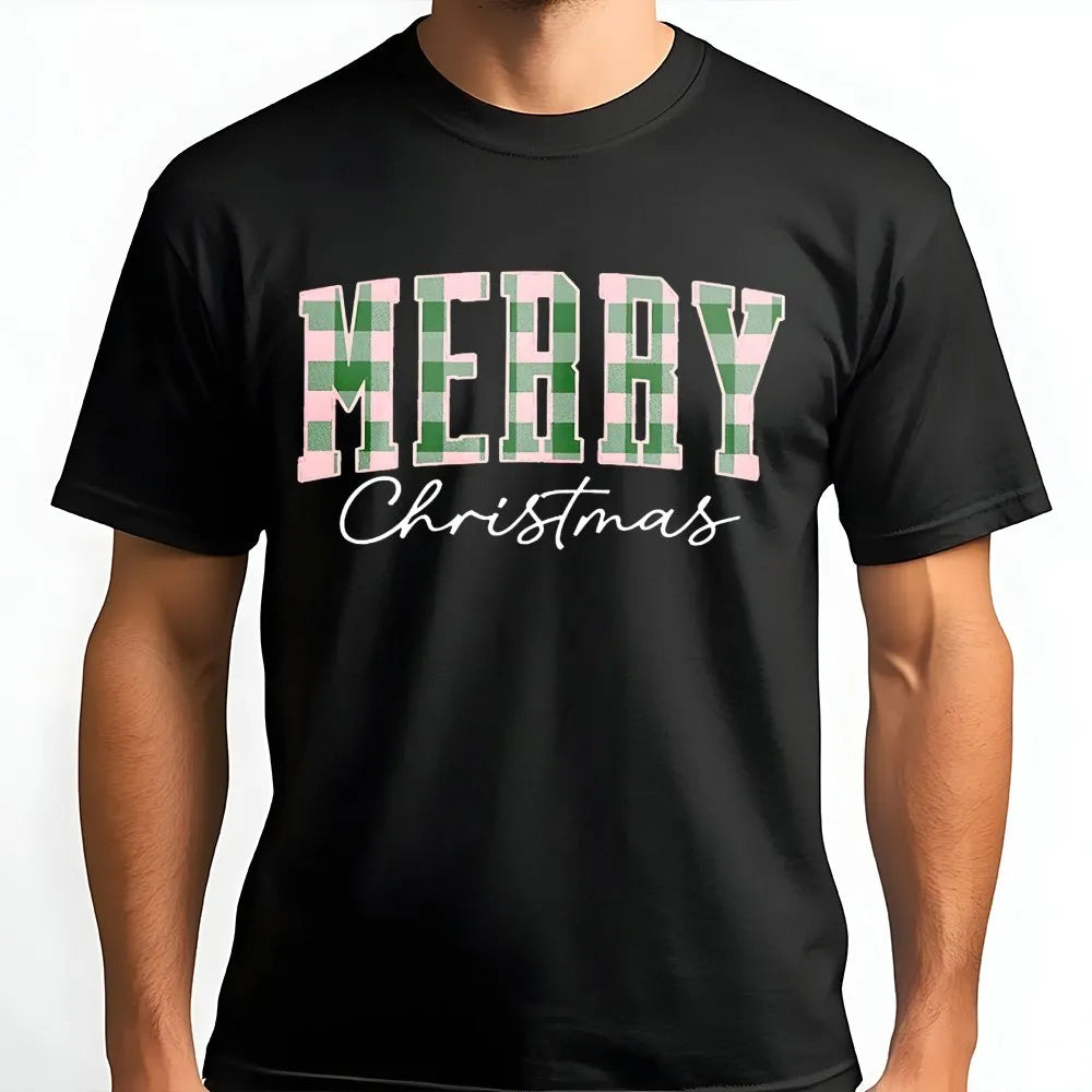 Pastel Buffalo Plaid Holiday Graphic Tee, Merry Christmas T-Shirt, Festive Winter Aesthetic Shirt, Adorable Family Xmas T-Shi