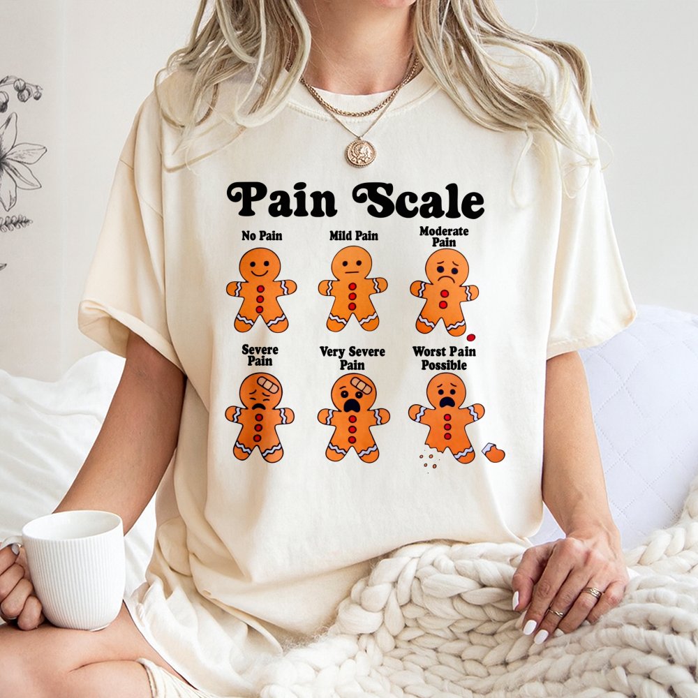 Humorous Christmas Nurse Shirt, Gingerbread Man Pain Scale T-Shirt, Holiday Medical Student Graphic Tee, Adorable RN Doctor P