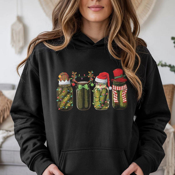 Humorous Holiday Pickle Hoodie, Christmas Pickle Hoodie, Mason Jar Foodie Hooded Sweatshirt, Retro Christmas Pickle Pullover,