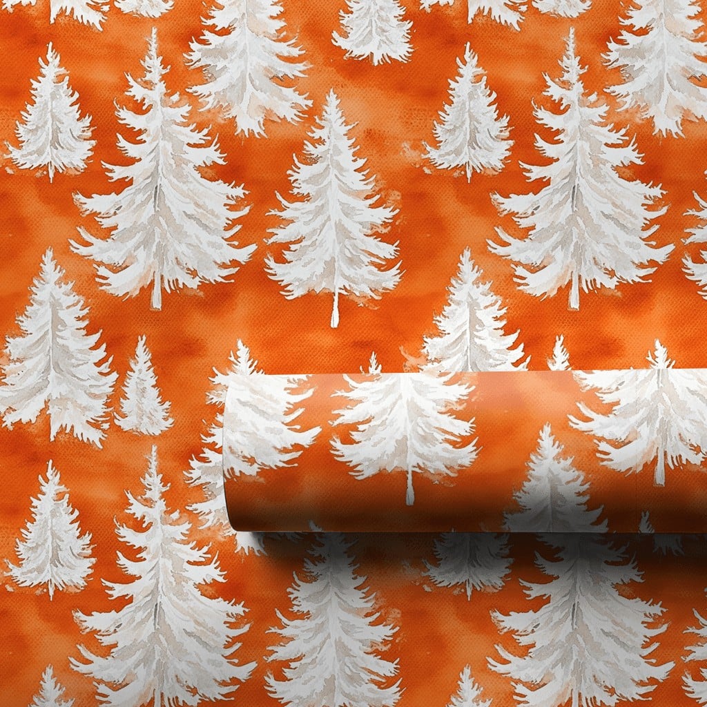 Orange Watercolor Gift Wrap, Pine Tree Christmas Wrapping Paper, Winter Forest Wrapping Paper, Modern Holiday Present Paper R