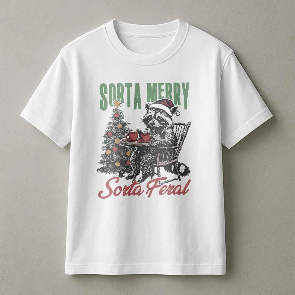 Humorous Christmas Animal Graphic Tee, Sorta Merry Sorta Feral Raccoon T-Shirt, Sarcastic Raccoon Shirt, Holiday Winter Trash