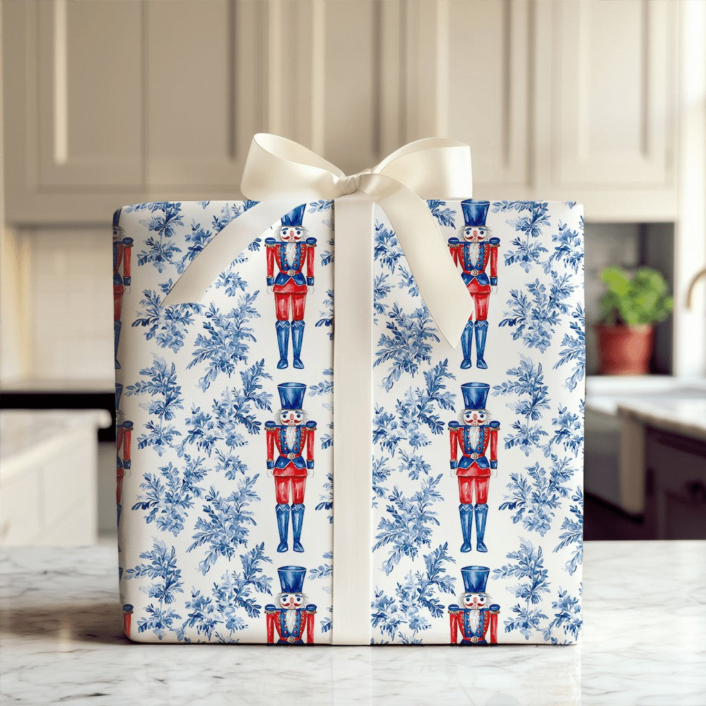 Blue Toile Floral Gift Wrap, Nutcracker Wrapping Paper, Watercolor Nutcracker Soldier Wrapping Paper, Christmas Holiday Prese
