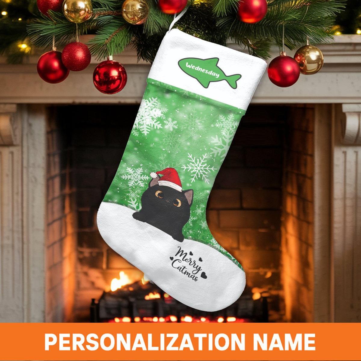 Merry Catmas Holiday Stocking, Personalized Black Cat Christmas Stocking, Custom Pet Name Christmas Stocking, Adorable Kitty 