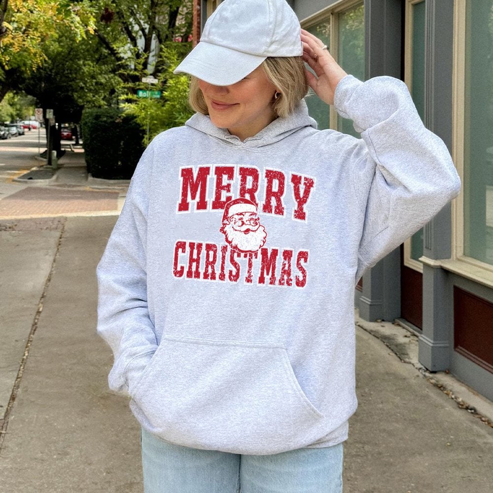 Retro Distressed Santa Claus Sweatshirt, Merry Christmas Santa Hoodie, Festive Xmas Holiday Hooded Pullover, Winter Vintage T