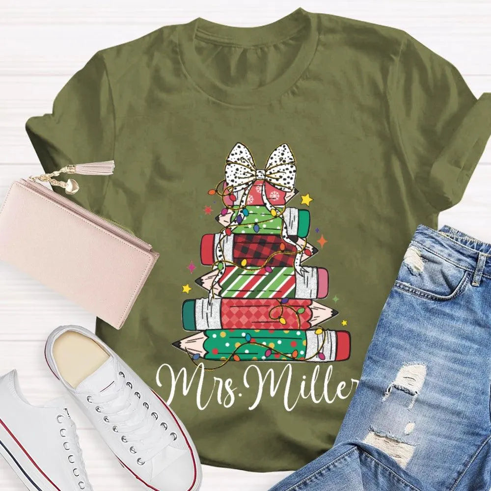 Colorful Crayons Bows Holiday Shirt, Personalized Christmas T-Shirt, Custom Name Kids Xmas Graphic Tee, Festive School Party 