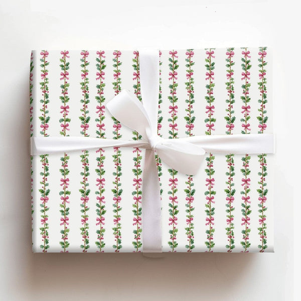 Pink Bow Garland Holiday Gift Wrap, Watercolor Holly Christmas Wrapping Paper, Festive Botanical Wrapping Paper, Elegant Gift