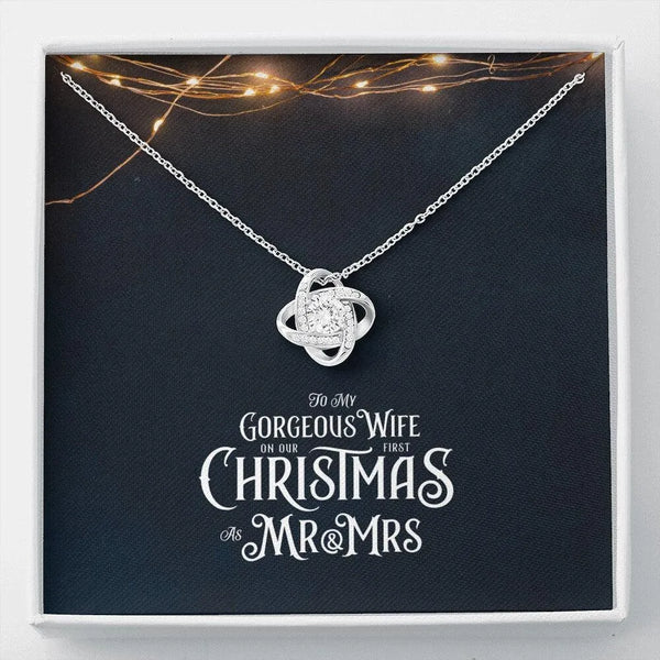 Love Knot Pendant Necklace, First Christmas Necklace for Wife, 14k White Gold Finish Jewelry, Romantic Newlywed Holiday Prese