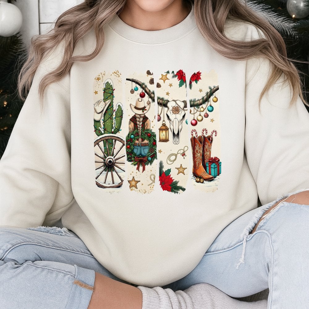 Western Holiday Sweatshirt, Cowgirl Christmas Sweatshirt, Cowboy Boots Xmas Sweatshirt, Festive Country Crewneck, Holiday Pre