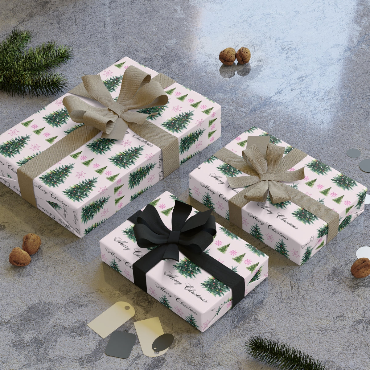 Merry Christmas Gift Wrap Roll, Christmas Tree and Snowflake Wrapping Paper, Holiday Wrapping Paper, Festive Xmas Paper, Wint
