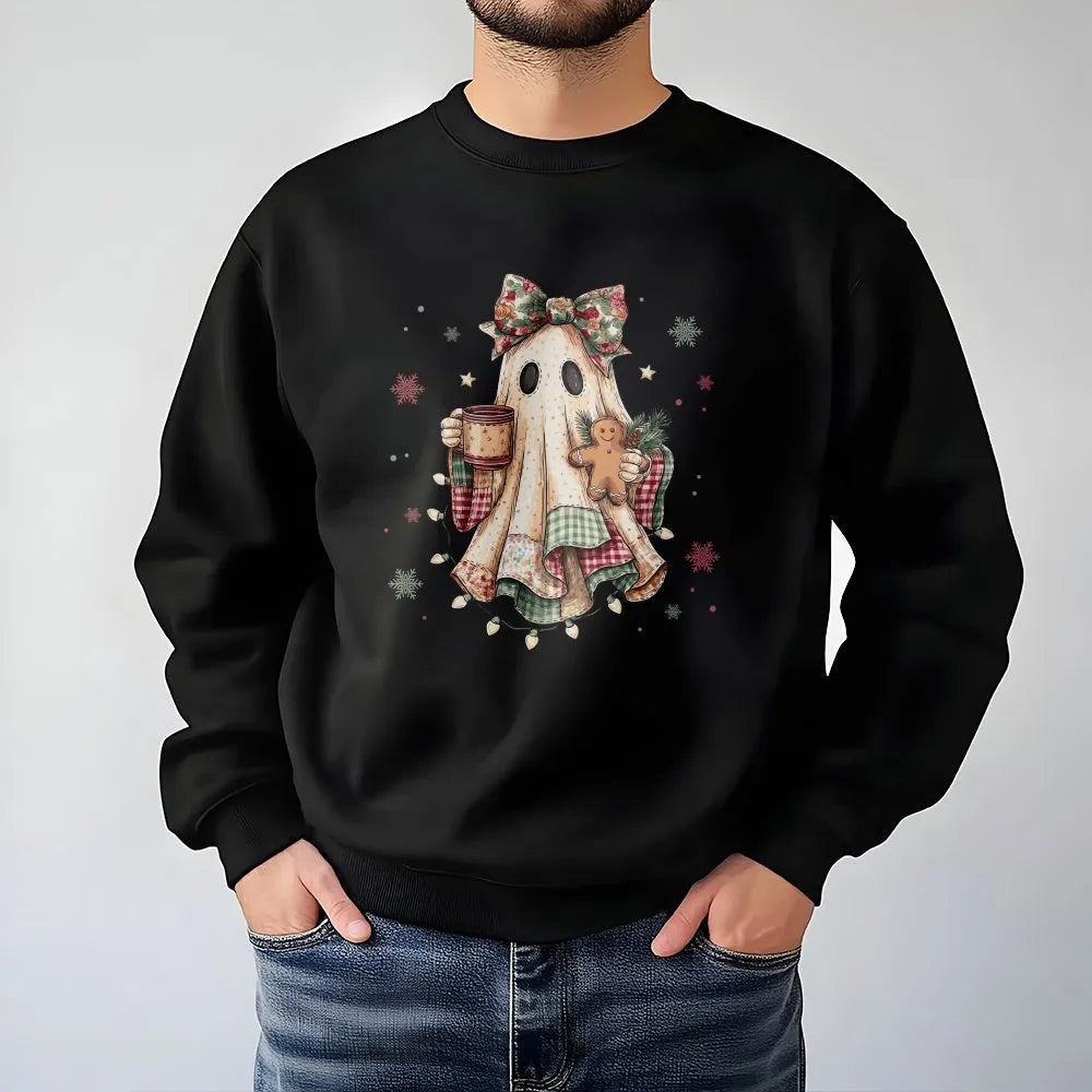 Comfy Ghost Drinking Coffee Crewneck, Christmas Ghost Sweatshirt, Gingerbread Plaid Ghost Pullover, Spooky Holiday Sweater, X