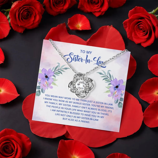 Bonus Sister Knot Necklace, Sister-in-Law Love Knot Necklace, CZ Crystal Pendant Necklace, Heartfelt Birthday Christmas Prese