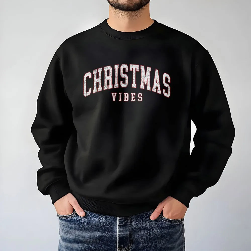Retro Varsity Font Holiday Sweatshirt, Christmas Vibes Sweatshirt, Comfy Winter Season Crewneck, Aesthetic Xmas Party Pullove