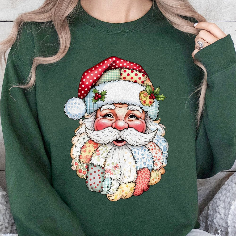 Vintage Quilt Style Santa Sweatshirt, Patchwork Santa Sweatshirt, Retro Holiday Crewneck Sweatshirt, Comfy Christmas Pullover