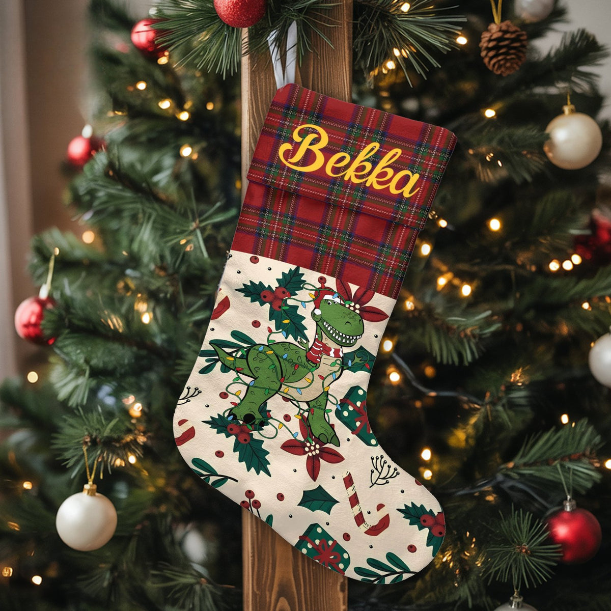 Custom Name Red Plaid Stocking, Personalized Dinosaur Christmas Stocking, Dino Holiday Mantel Decor, Velboa Kids Christmas St