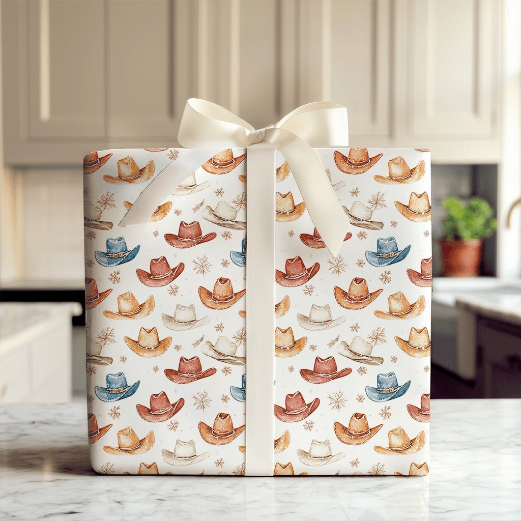 Western Holiday Gift Wrap, Watercolor Cowboy Hat Wrapping Paper, Rustic Country Christmas Present Wrap, Snowflake Festive Pre