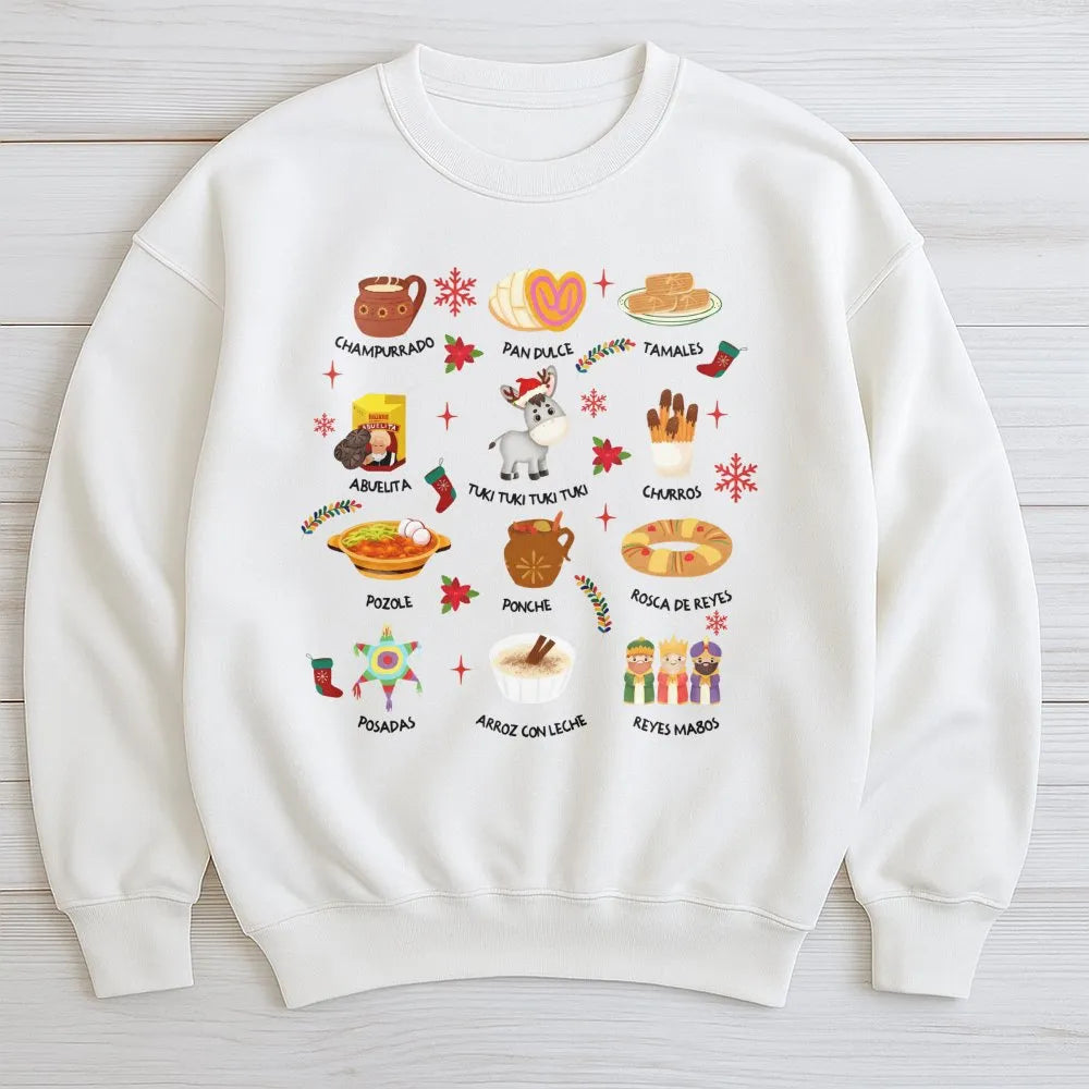 Traditional Holiday Food Sweatshirt, Mexican Christmas Sweatshirt, Latina Festive Holiday Crewneck, Mexican Food Christmas Sw