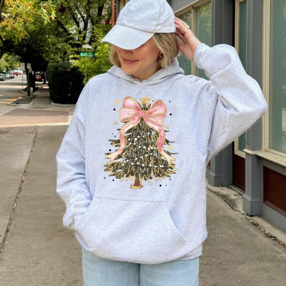 Pink Ribbon Hunting Sweatshirt, Camo Christmas Tree Coquette Bow Hoodie, Trendy Xmas Tree Pullover, Adorable Holiday Country 