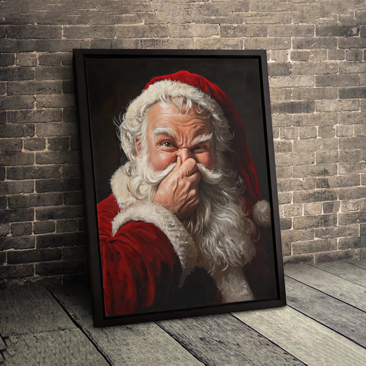 Whimsical Holding Nose Canvas Print, Humorous Santa Claus Canvas Wall Art, Christmas Holiday Portrait Canvas, Xmas Wall Decor