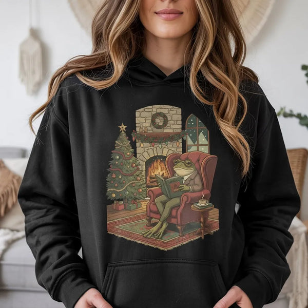 Comfy Christmas Bookish Frog Hoodie, Reading Frog Hoodie, Book Lover Holiday Hoodie, Adorable Cottagecore Reader Pullover Swe