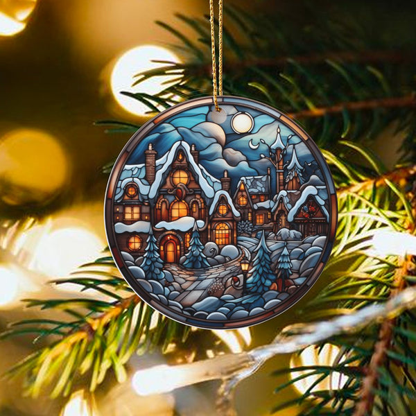 Snowy Scene Holiday Ceramic Keepsake, Stained Glass Winter Village Christmas Ornament, Comfy Town Tree Decor, Xmas Home Decor
