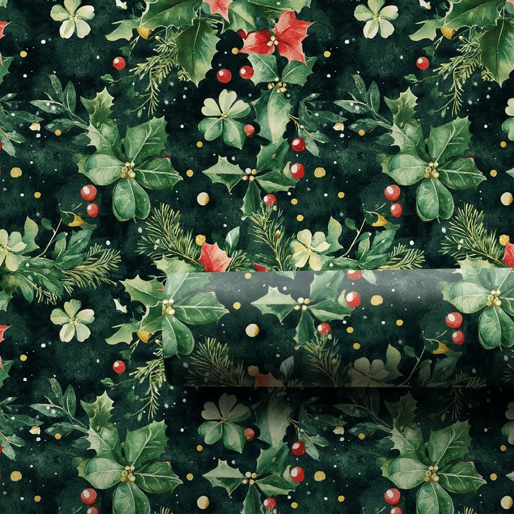 Pine Holly Christmas Gift Wrap, Watercolor Poinsettia Wrapping Paper, Botanical Winter Wrapping Paper, Traditional Holiday Wr