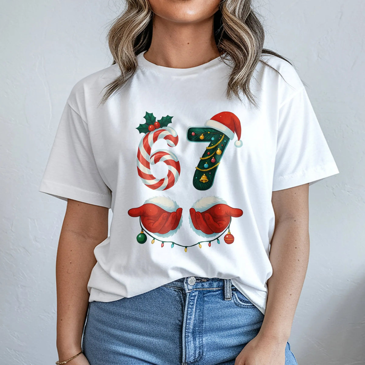 Gen Alpha Meme Holiday T-Shirt, 67 Candy Cane Christmas Shirt, Humorous 67 Number Graphic Tee, Teen Christmas Joke Shirt, Hol